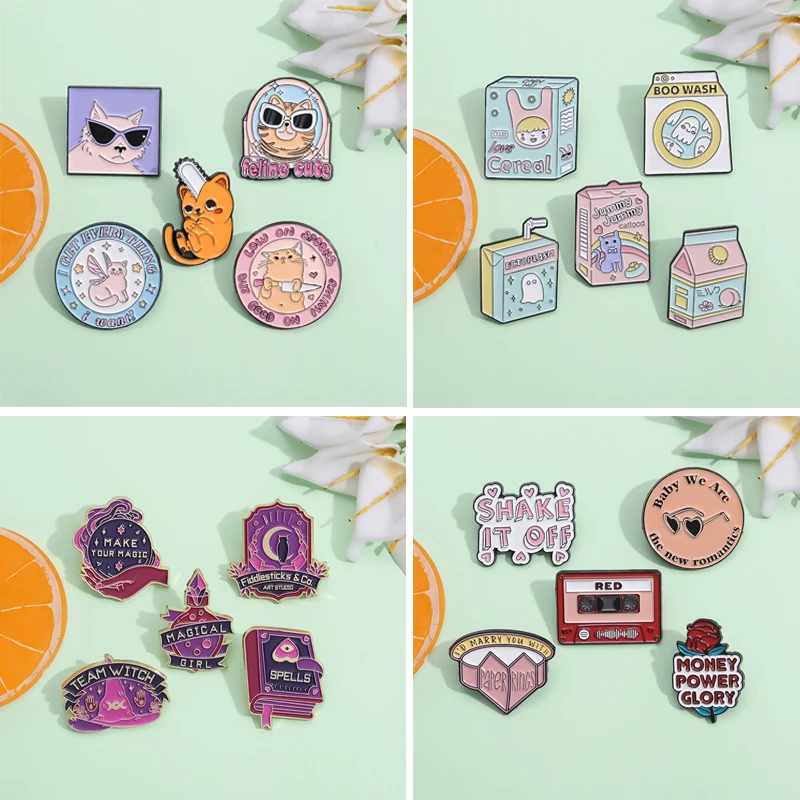 Wholesale Cartoon Enamel Pins Sets Animal Kitten Heart Bottle Skeleton Brooch Lapel Pin Trendy Geometric Hard Badge for Backpack