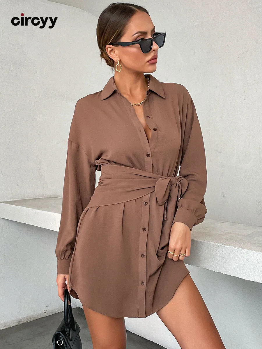 

Платье-рубашка Circyy женское с отложным воротником, повседневное однобортное модное коричневое платье с поясом и длинным рукавом, весна-лето ...