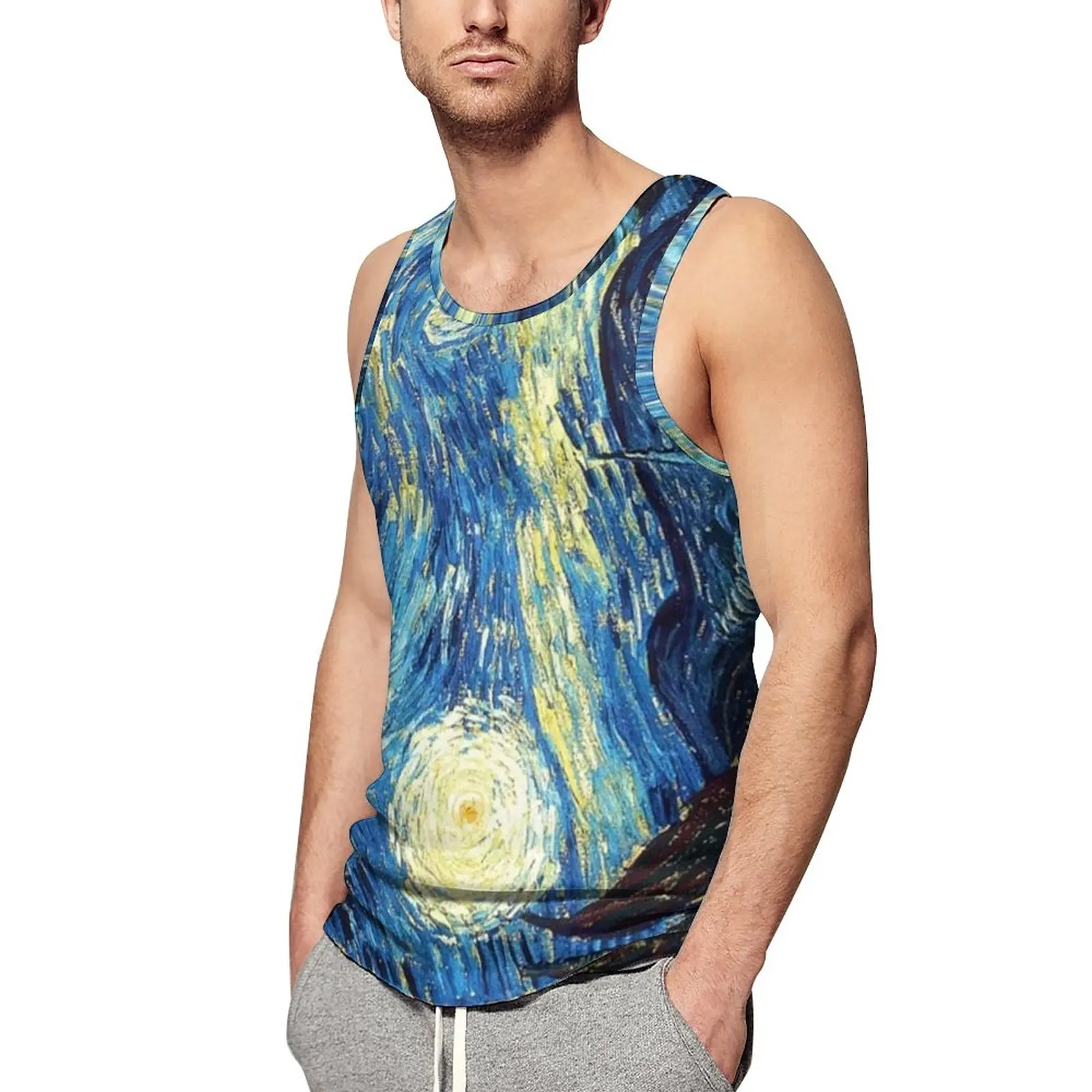 

Starry Night Tank Top Male Vincent Van Gogh Tops Beach Graphic Bodybuilding Trendy Oversize Sleeveless Shirts