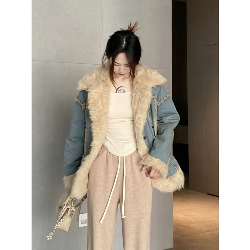 Зимняя новая американская женская джинсовая куртка с воротником верхняя одежда