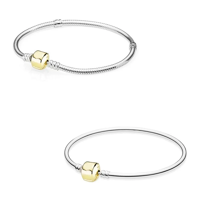

Authentic 925 Sterling Silver Moments Gold Barrel Clasp Basic Snake Chain Bracelet Bangle Fit Bead Charm Diy Fashion Jewelry