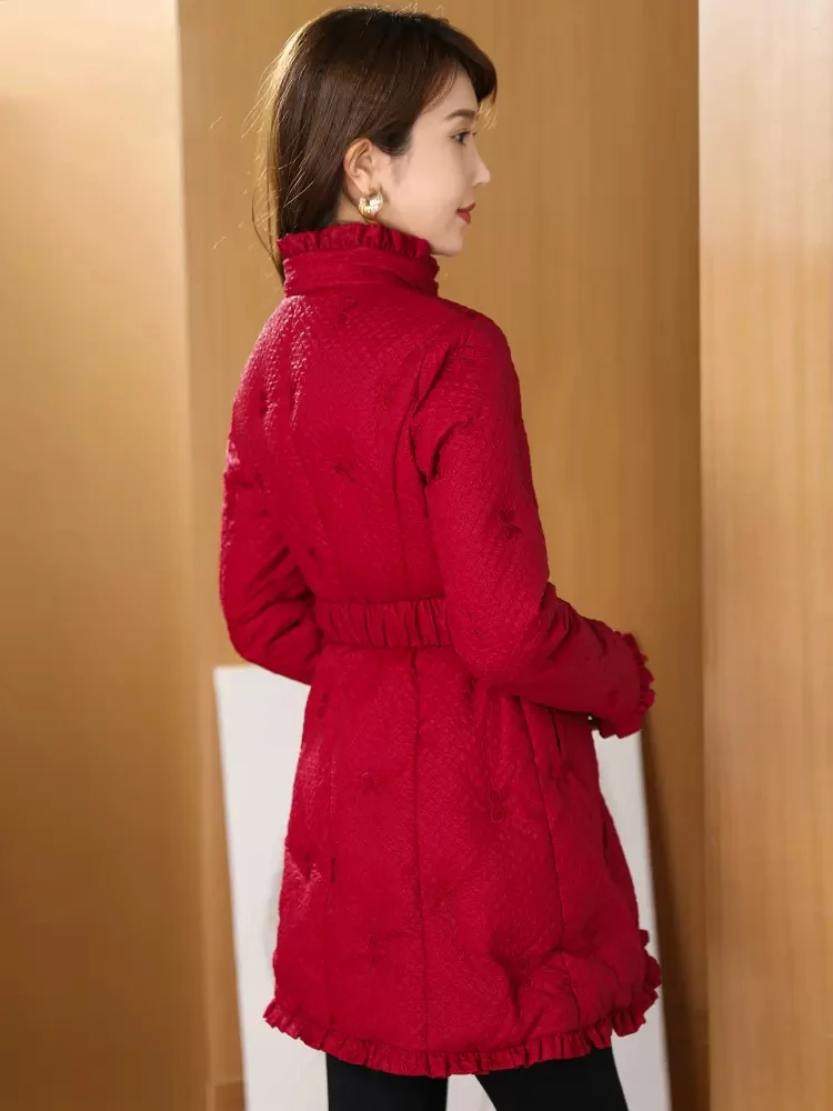 New Women Lightweight Warm Down Jacket Fashion Sweet Stand Collar Stretch Belt Slim White Duck Down Coat Short Outerwear Female