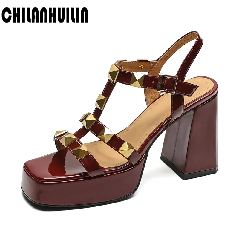 

high heel gladiator sandals brand design genuine leather women sandals black nude shoes ladies dress party rome rivets shoes