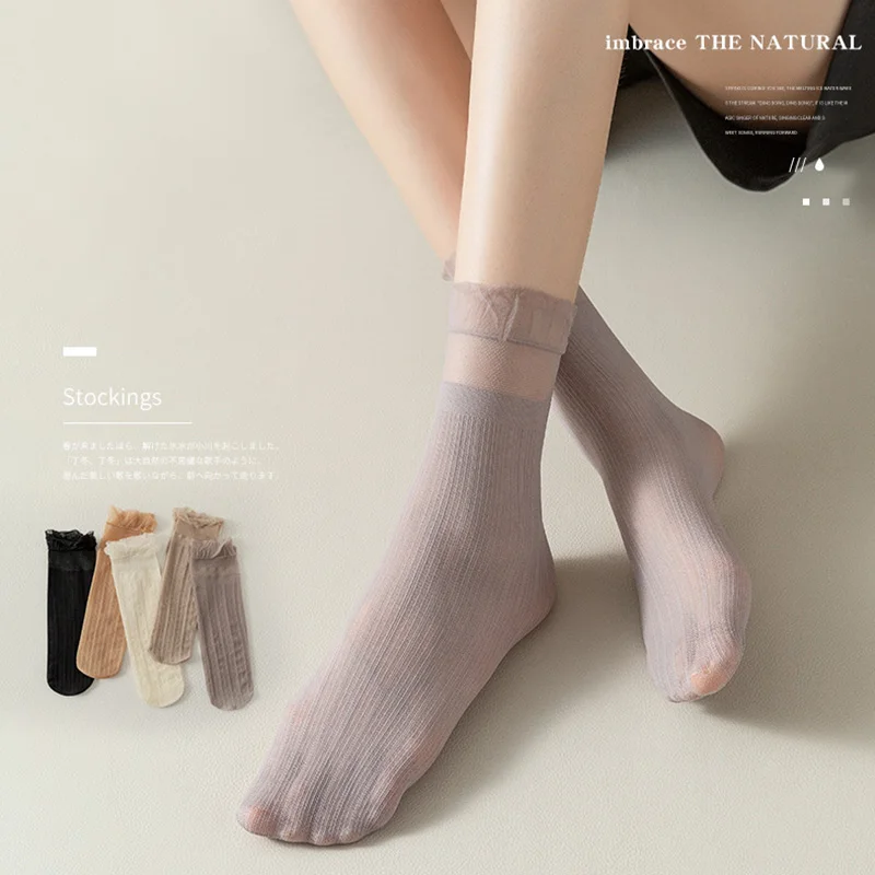 

Women Summer Thin Socks Cotton Ruffles Mid-Tube Breathable Crystal Lace Socks Transparent Soft Ultra-Thin Tulle Sexy Crew Socks