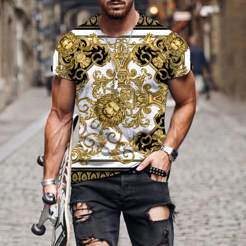 

2023 latest Baroque t shirt for men/women summer oversized T-shirt 3d Lion head crown print printed round neck short sleeve
