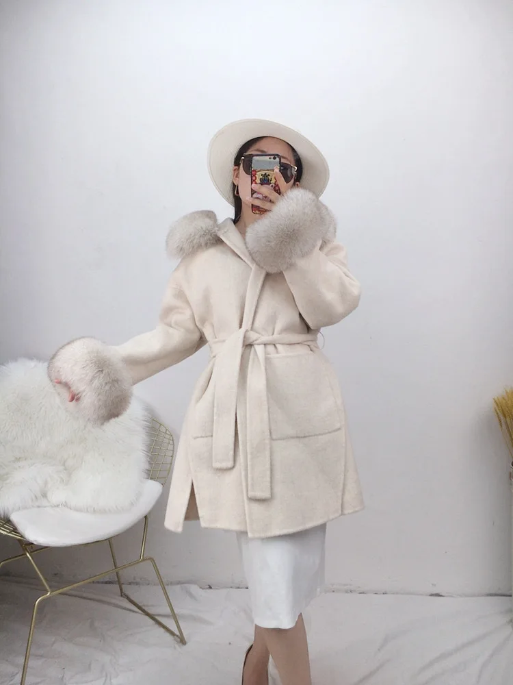 Winter Women Real Fur Coat Cashmere Wool Woolen Jacket Fox Fur Collar Cuffs Hood Oversize Ladies Outerwear Fashion Streetwear