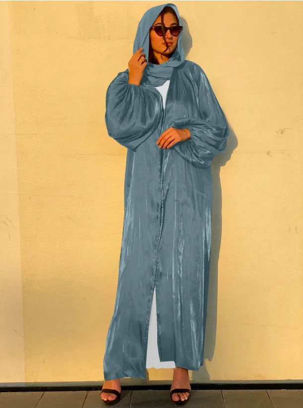 

Блестящее мягкое мусульманское платье Eid Djellaba Дубай с рукавами-фонариками шелковистая Abaya Дубай, Турция мусульманское платье мусульманская...