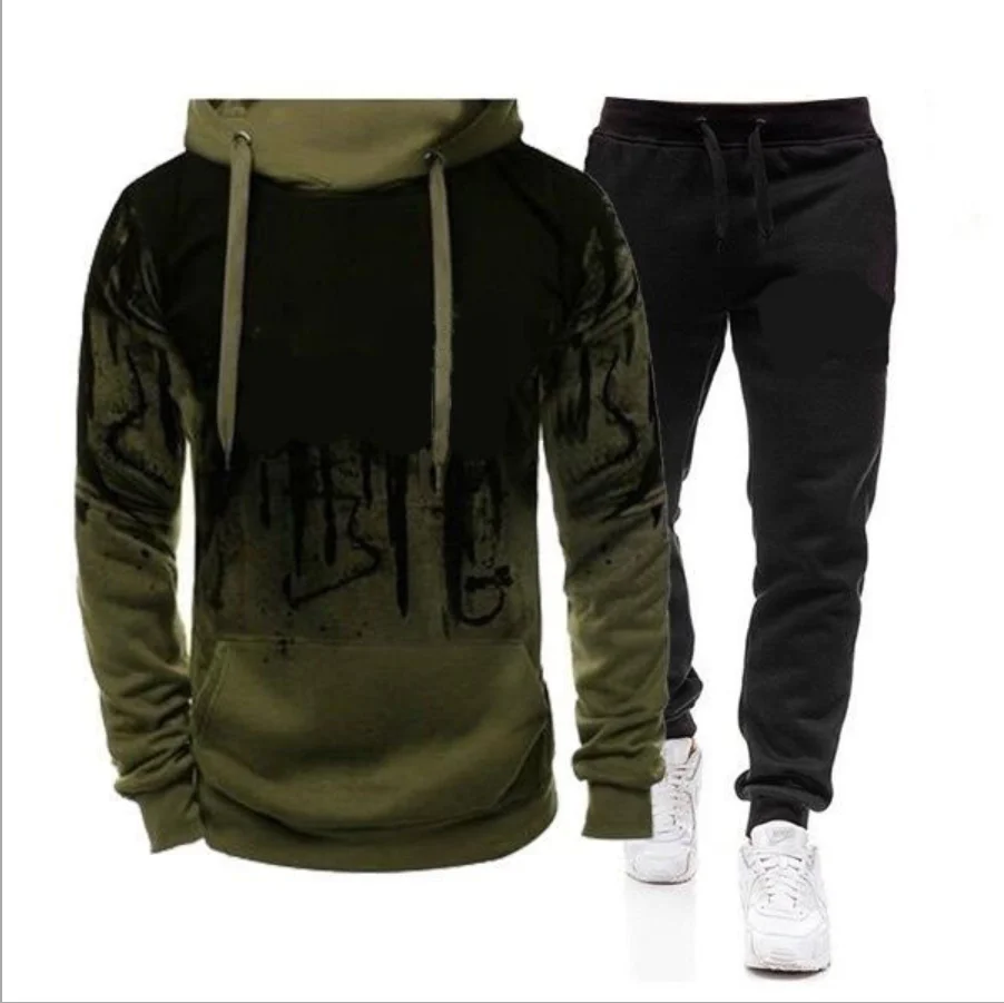 

2022 New Spring and Autumn Men's Sweater Suit Male Clothing Pullovers 2-Piece Hoodie+Trousers Fashion Splashing Ink Sportswear