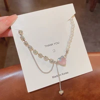 fashion new pink stitching crystal heart clavicle chain versatile pearl necklace exquisite wedding anniversary jewelry gift
