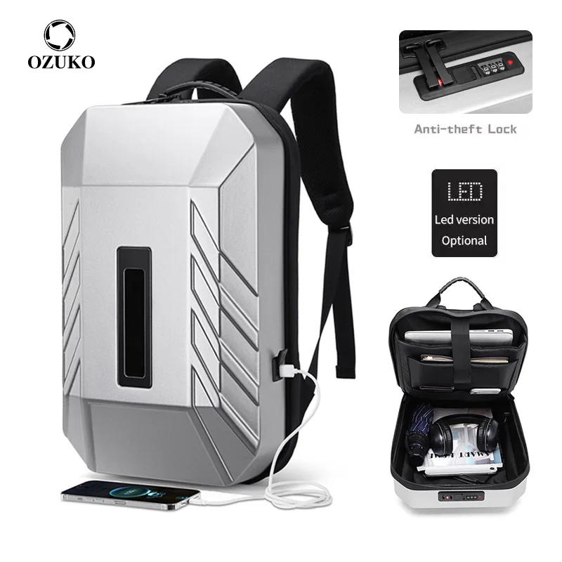 OZUKO New Men Business Laptop Backpack Led Diy Fashion Hard Shell Cool School Bags Multifunction Waterproof Travel Male Mochilas