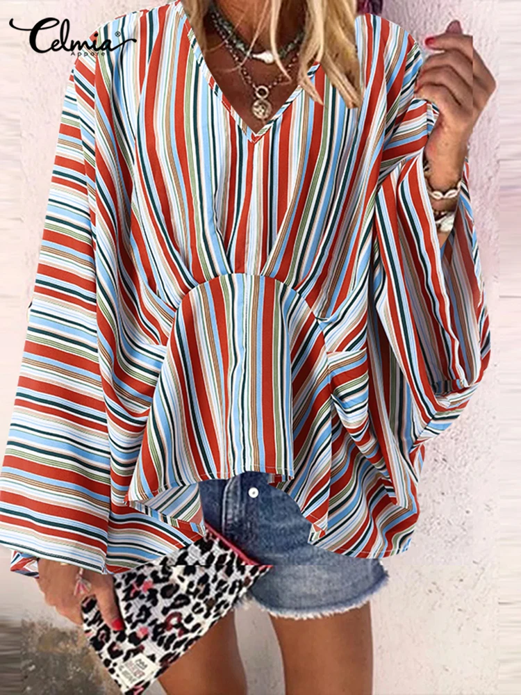 

Women Fashion Colorful Stripe Holiday Blouses Celmia Vintage Flare Pleated Shirt 2022 Spring V Neck Street Blusa Bat Sleeve Tops