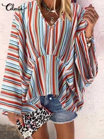 women fashion colorful stripe holiday blouses celmia vintage flare pleated shirt 2022 spring v neck street blusa bat sleeve tops