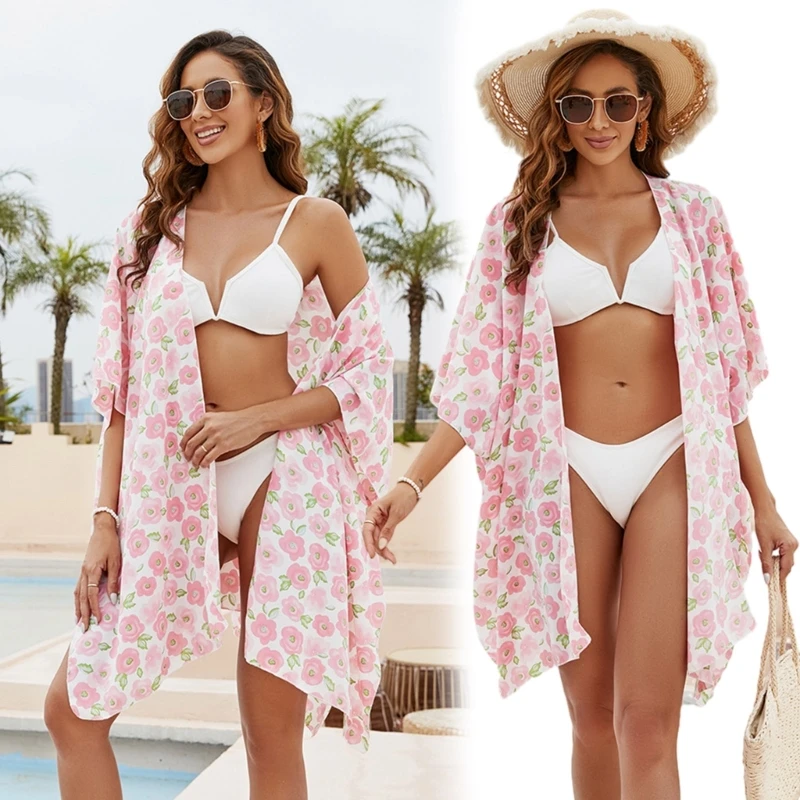 

Womens Kimono Cardigan Summer Cover Up Sexy Swimsuits Coverup Floral Chiffon-Beach Dress-Swimwear for Vacation