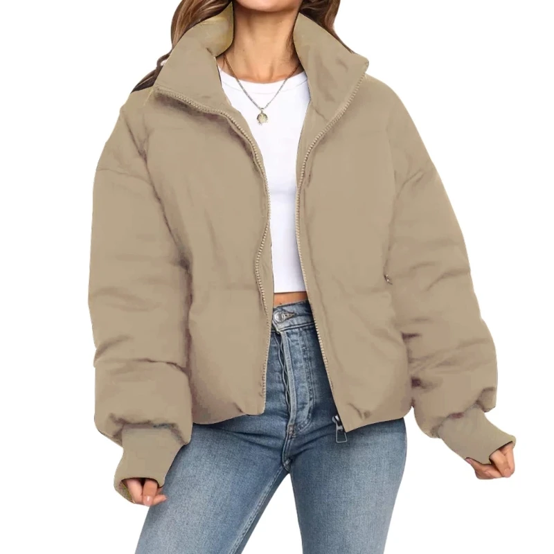 

Women Cropped Puffer Long Sleeve Full Zipper Oversized Short Quilted Coat