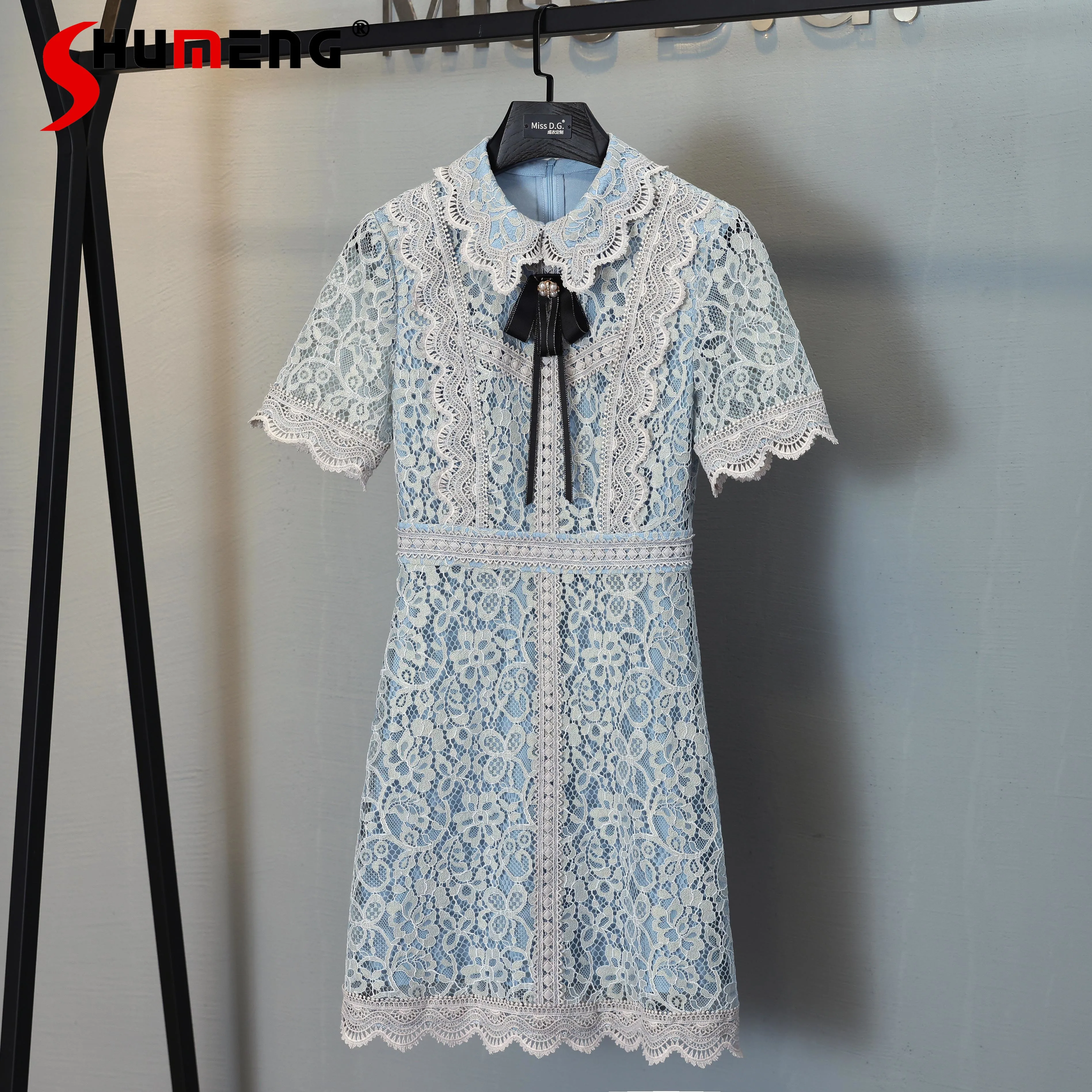 

Women's 2022 Summer New Elegant Slim Waist Slimming Midi Dress Ladies Fashion Office Lady Simple Solid Short Sleeve Lace Dress