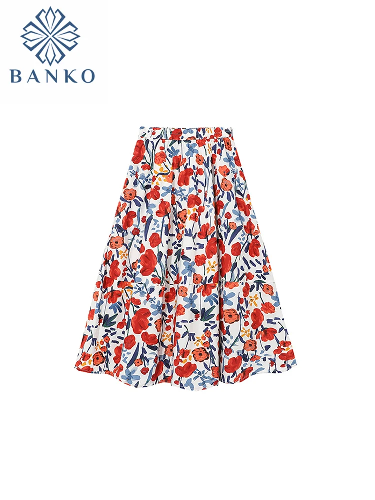 

French Style Women Romantic Aesthetic Floral Print Mid-long Skirts Pleated High Waist Female Calf Length Baggy Skirt Elegance