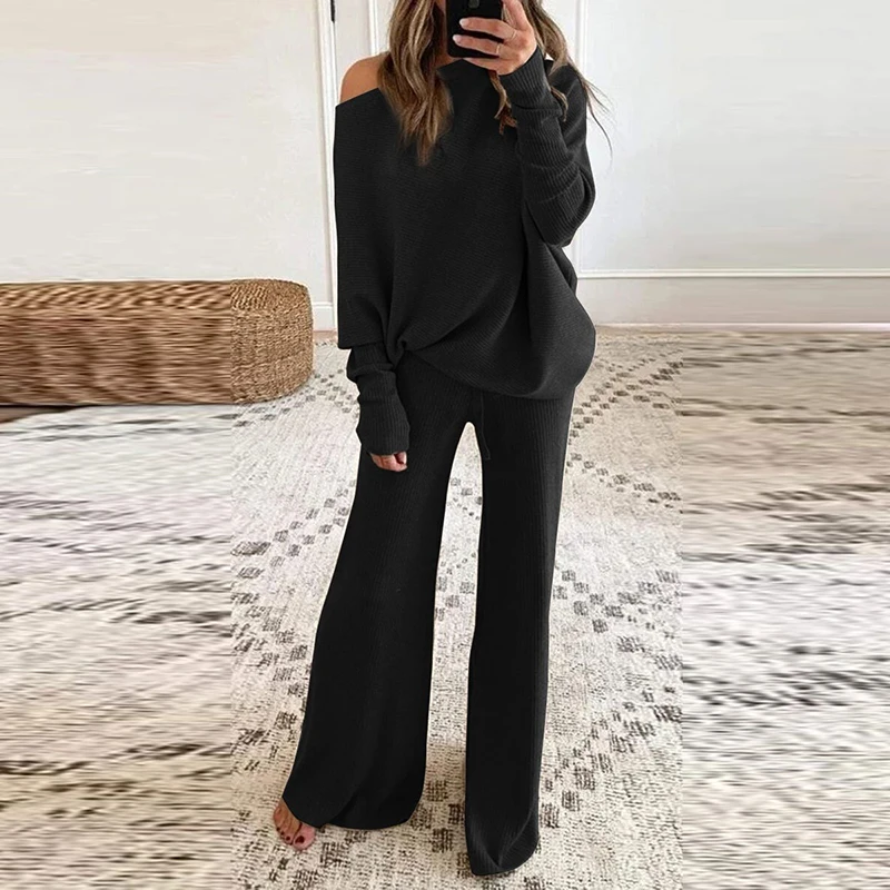 Women's 2-piece Set Spring and Autumn Loose One-shoulder Pullover Top Wide-leg Pants Sports Suit Ladies Casual Soft Sportswear
