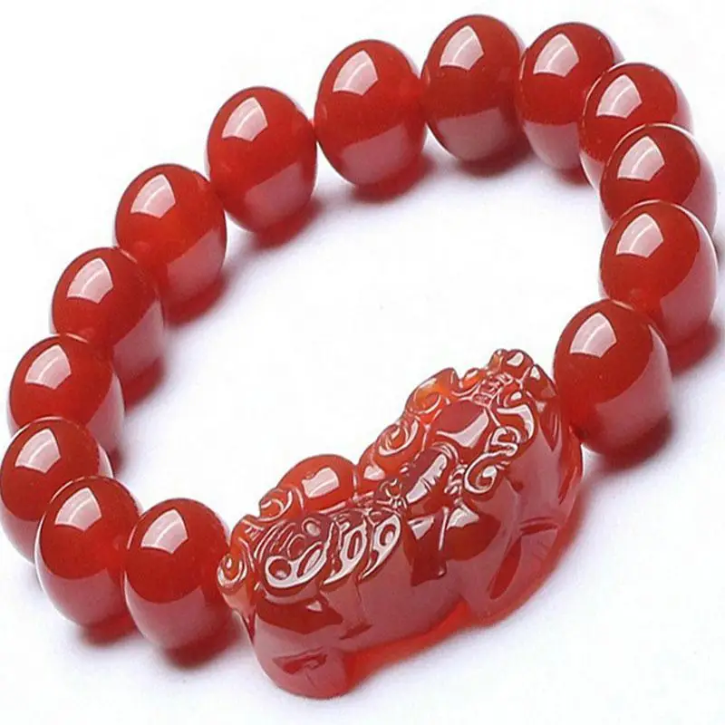 

Natural Red Jade Pixiu Bracelet Pulsera Feng Shui Men Women Healing Jewelry Carnelian Bead Elastic Beaded Lucky Amulet Bracelets