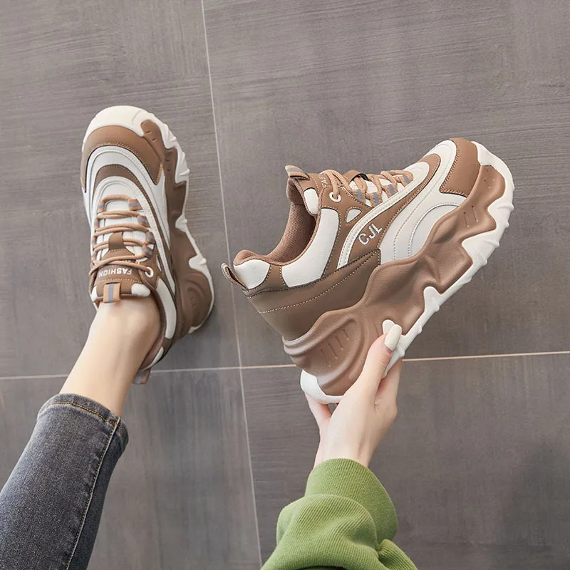 8CM Genuine Leather Mixed Color High Brand Women Chunky Sneakers Platform Wedge Vulcanized Shoes Hidden Heels Lady Fashion