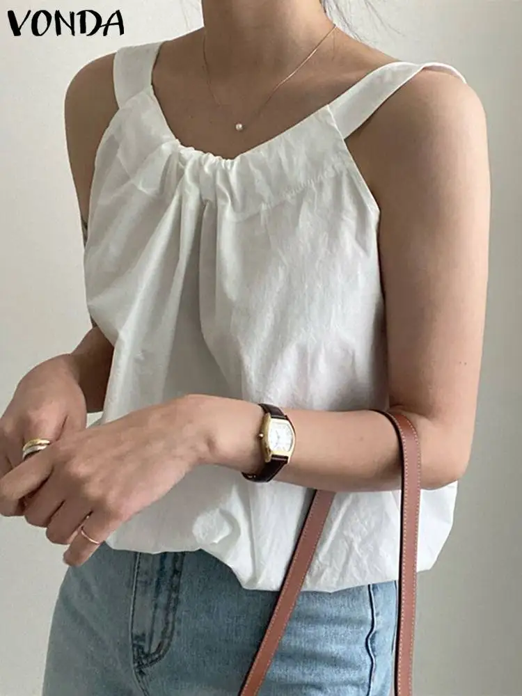 

VONDA элегантные топы, туника 2022, женская летняя модель, плиссированные вечерние Блузы без рукавов, Повседневная Уличная блузка большого разм...