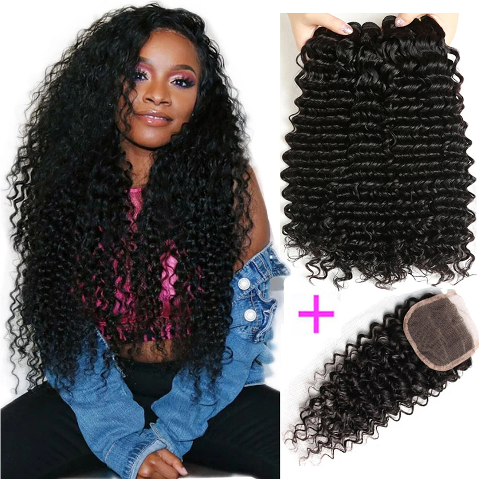 

12A Deep Wave Bundles With Closure 4x4 Lace Closure and 3 Bundles Brazilian Remy Hair Extensions Deep Curly Bundles and Closure