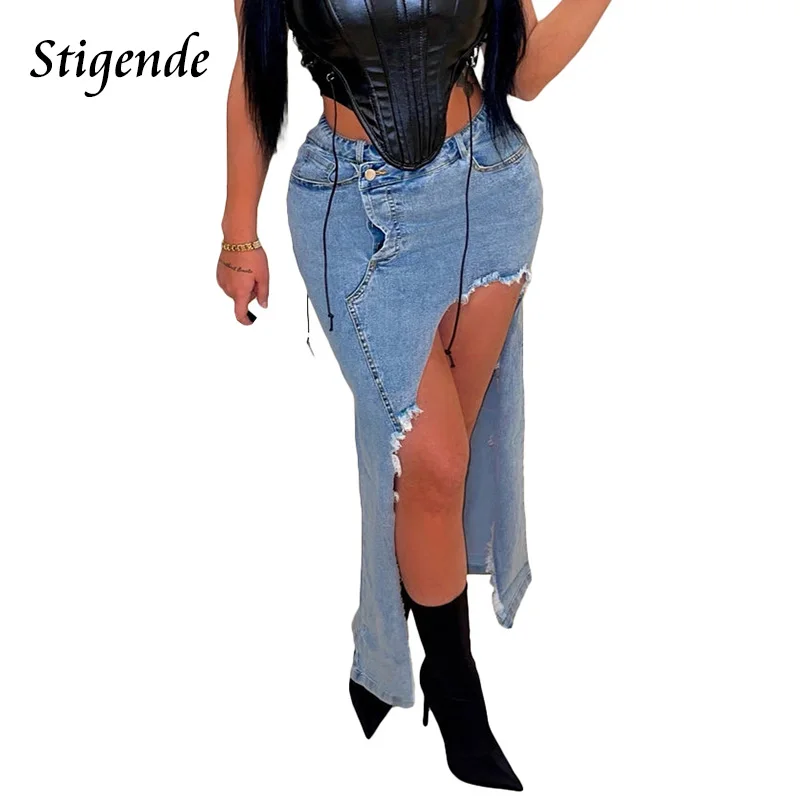 

Женская длинная джинсовая юбка с высоким разрезом, облегающая рваная юбка в стиле пэчворк с карманами и пуговицами на подоле