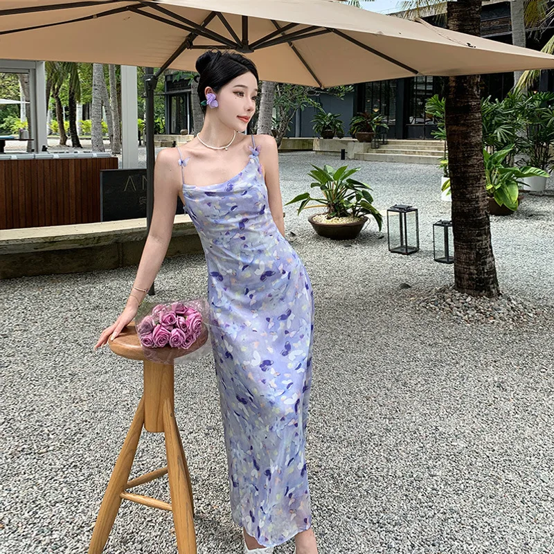 

French Fomantic Printed Slip Dress Women 2023 Spring Summer Backless Mid-length Slim Dress Seaside Holiday Beach Skirt