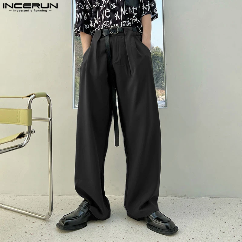 

INCERUN 2023 Korean Style Men's Long Pants Casual Loose Fitting Drape Pants Male Fashion Hot Selling Solid Traight Leg Trousers