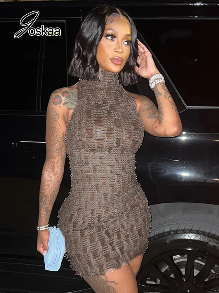 

Joskaa Brown Stand Collar Sleeveless Stretchy Bodycon Mini Dress for Women 2022 Autumn Elegant Party Clubwear Sexy Streetwear