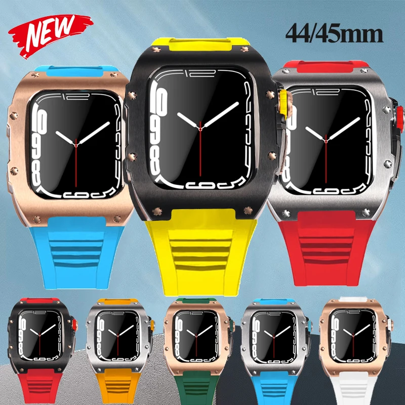 

Модифицированный комплект для Apple Watch Series 7 45 мм резиновый ремешок Роскошная металлическая рамка для Apple Watch Band 44 мм 6 5 4 SE мод комплект Correa