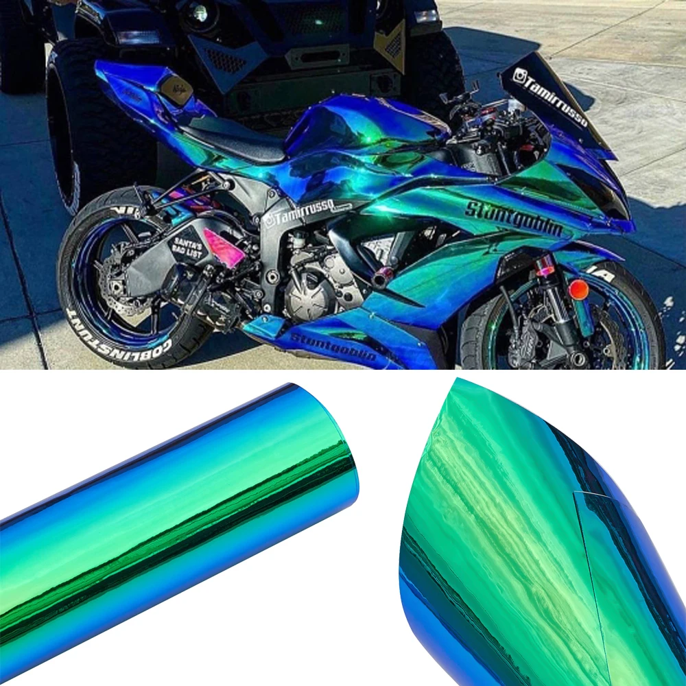 AuMoHall Holographic Rainbow Chrome Green Plating PVC Car Motorcycle Sticker Vinyl Wrap Decal Sheets Glossy Color Changing Film