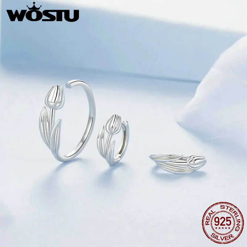 Фото WOSTU Лидер продаж, серьги-тюльпаны из стерлингового серебра 925 пробы, набор колец, шпинельные серьги-гвоздики для женщин, ювелирные изделия, вечерние, свидание, ежедневный подарок №3