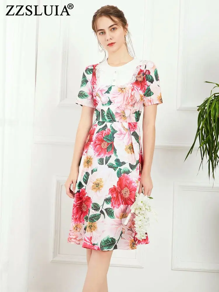 

ZZSLUIA Summer Dresses For Women Flower Printed Embroidery Lace Designer Slim Elegant Dress Fashion Short Sleeve Female Clothing