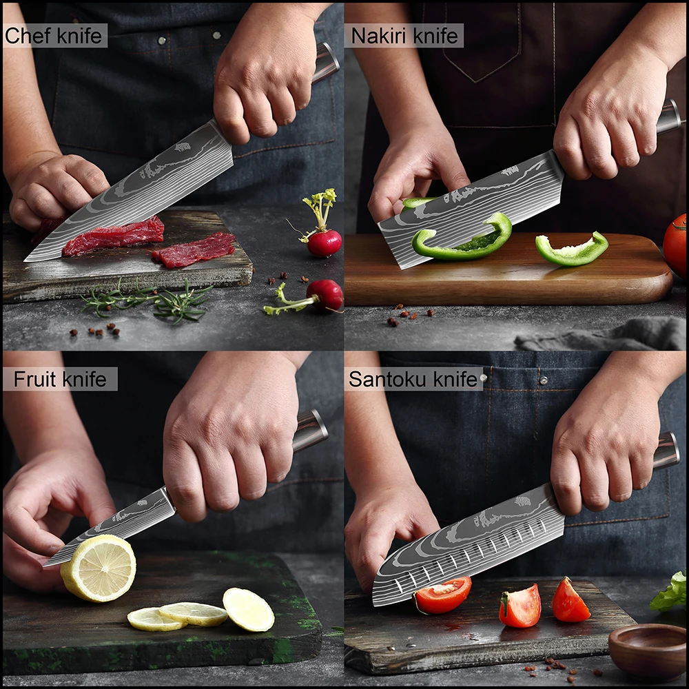 XITUO Chef knife 1-10 Pcs Set Kitchen Knives Laser Damascus Pattern Sharp Japanese Santoku Knife Cleaver Slicing Utility Knife images - 6