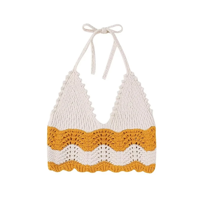 

Женский трикотажный топ на бретельках, короткий облегающий Топ контрастных цветов с вырезами и лямкой на шее, лето 2023