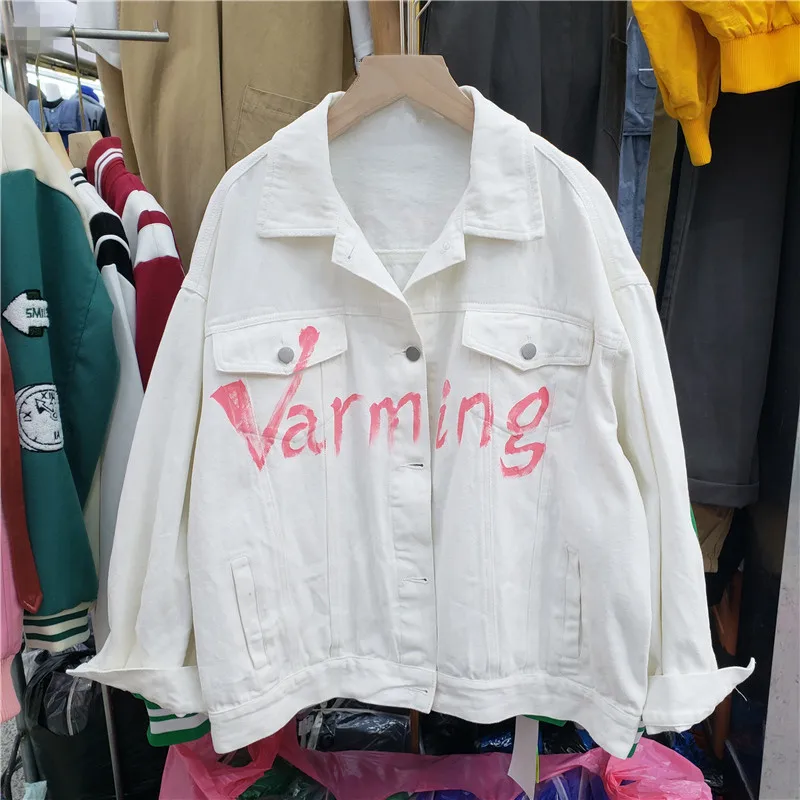 

2022 Spring Letter Graffiti Print Jeans Jacket Female Outwear Korean Casual Loose Lapel Long Sleeve Women Denim Coat Streetwear