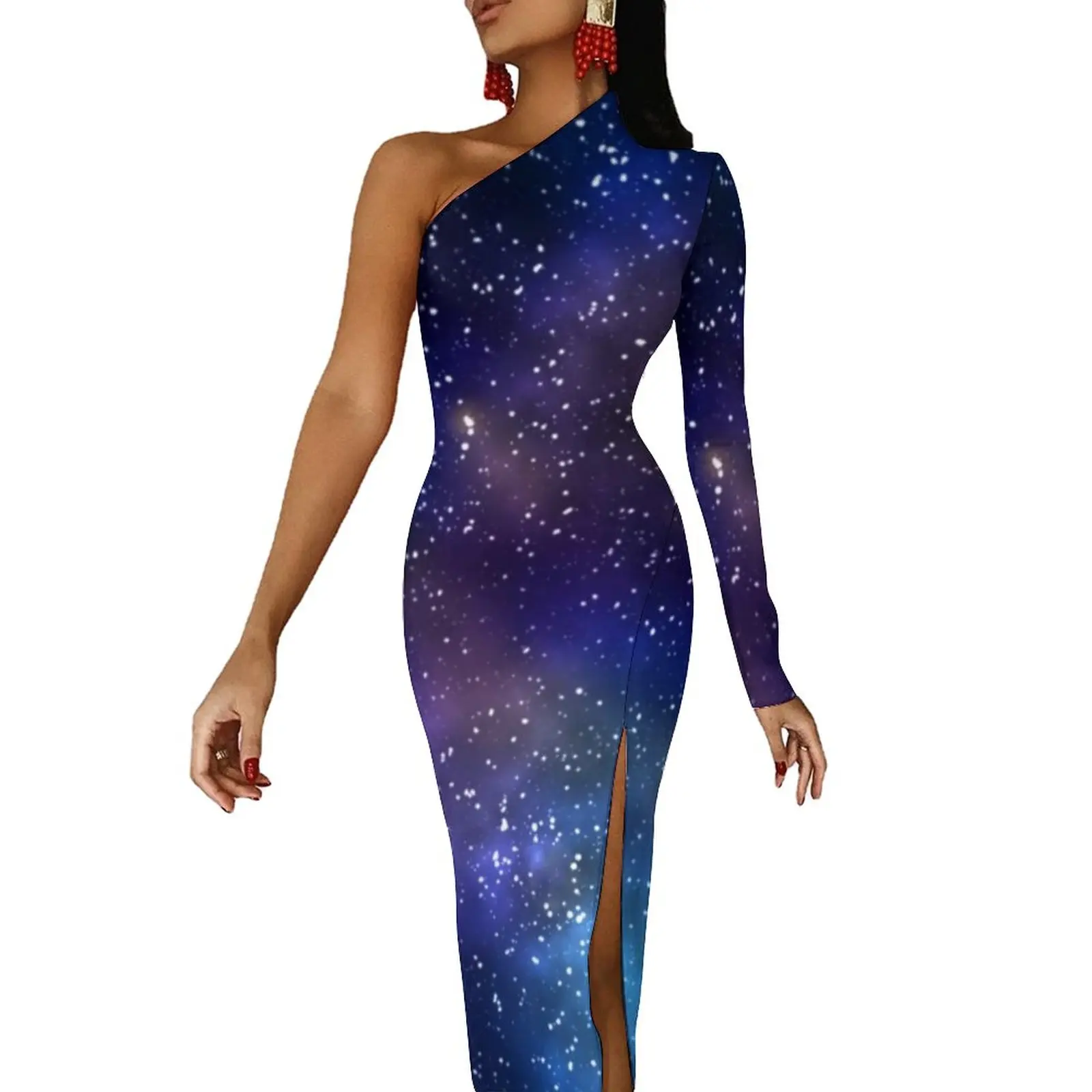 

Galaxy Sky Print Long Dress Crescent Moon Space Street Maxi Dress Long Sleeve Elegant Bodycon Dresses Side Split Print Vestido