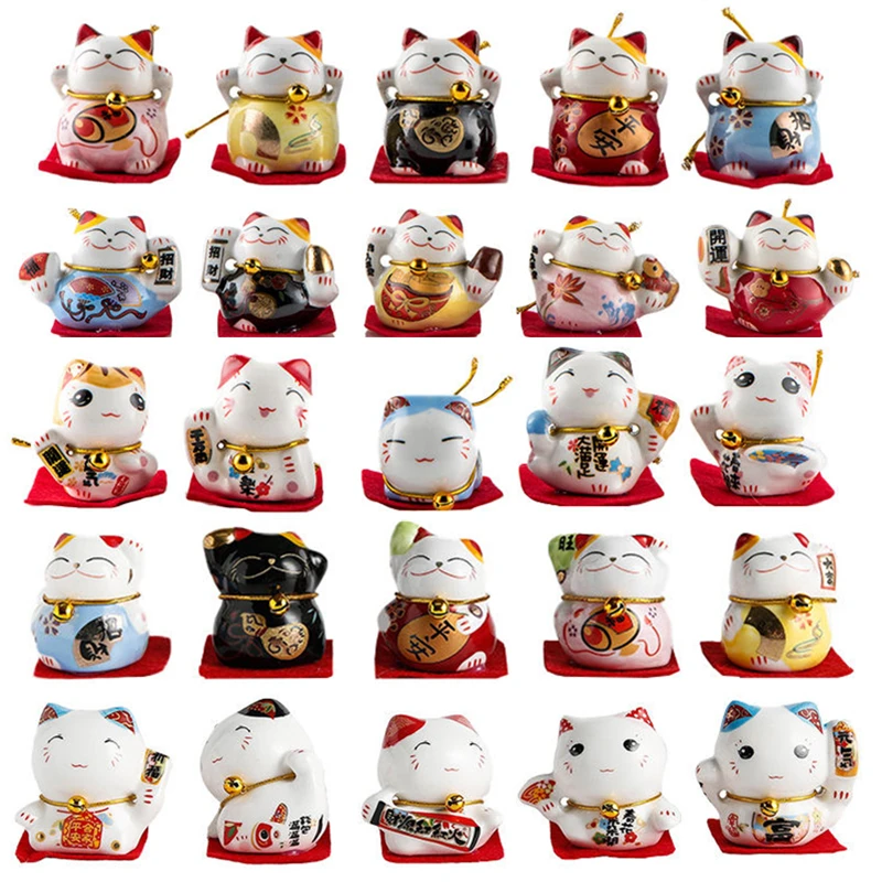 

5 Pcs Mini Ceramic Lucky Cat Ornament Home Car Decoration Feng Shui Cute Maneki Neko Figure Desktop Decor Fortune Cat Craft Gift