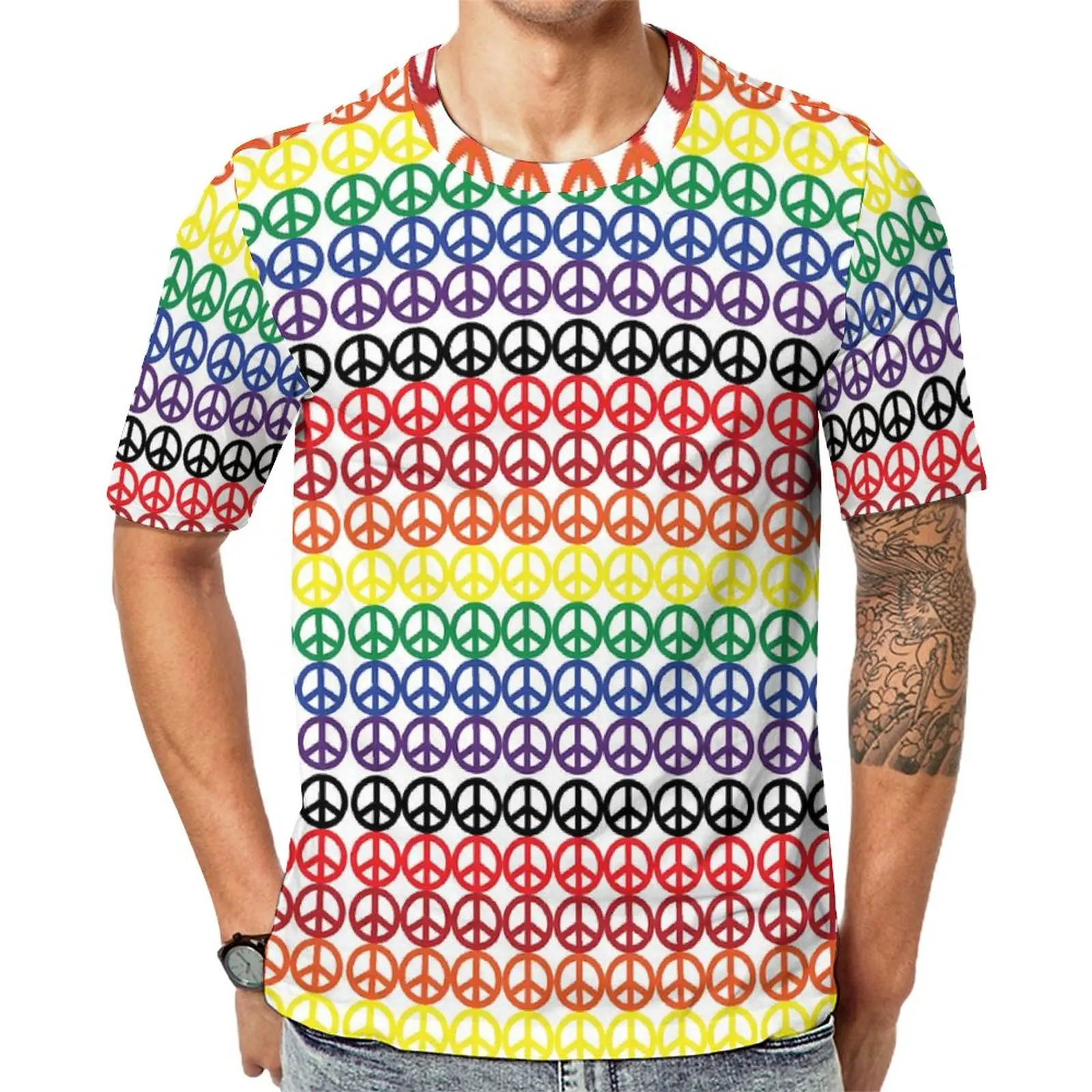 

Peace Symbol Print T Shirt Rainbow Stripes Basic T-Shirts Round Neck Fashion Tshirt Summer Men Custom Top Tees Large Size