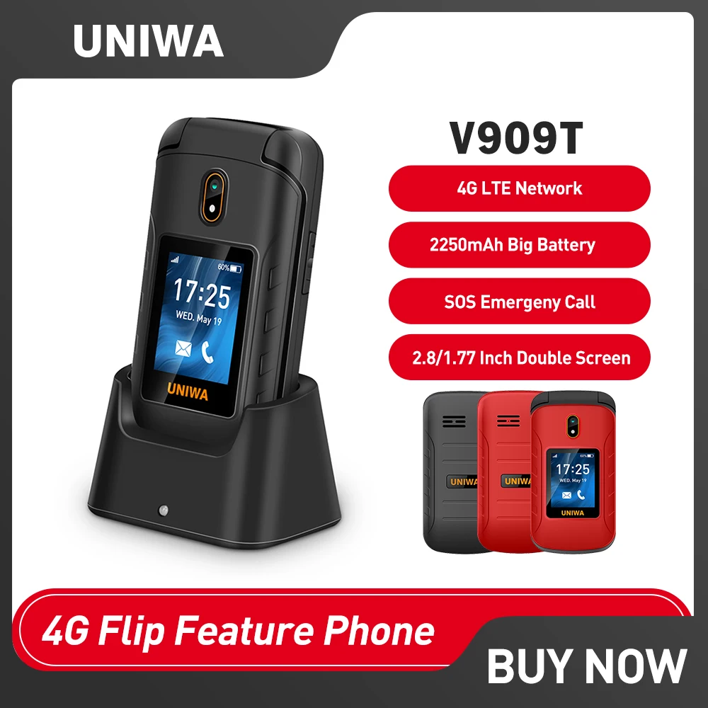 UNIWA V909T 4G Flip Phone Big Push-Button Dual Screen Cellphone FM Radio Russian Hebrew Keyboard Clamshell Phone For Old people