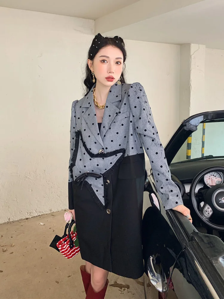 

Long Sleeve Trench Coat Outwear Panelled Contrast Fringe Mid Length Women's Clothing Polka Dots Windbreaker 2022 Autumn H199