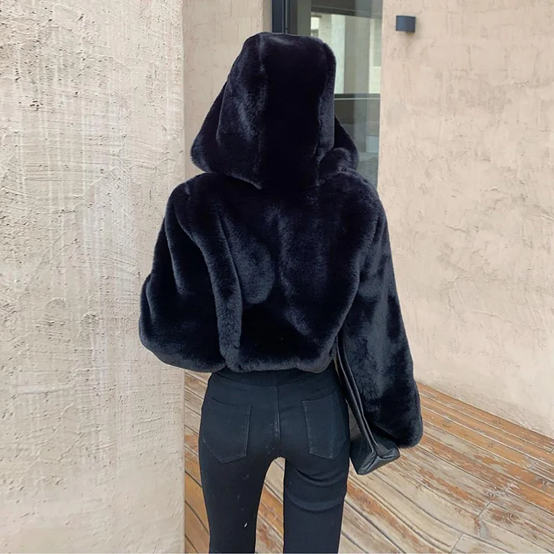 Stylish Plush Faux Fur Coat For Women Winter 2022 New Thick Design Sense Matching Short Hooded Pure Color Warm Coats Female