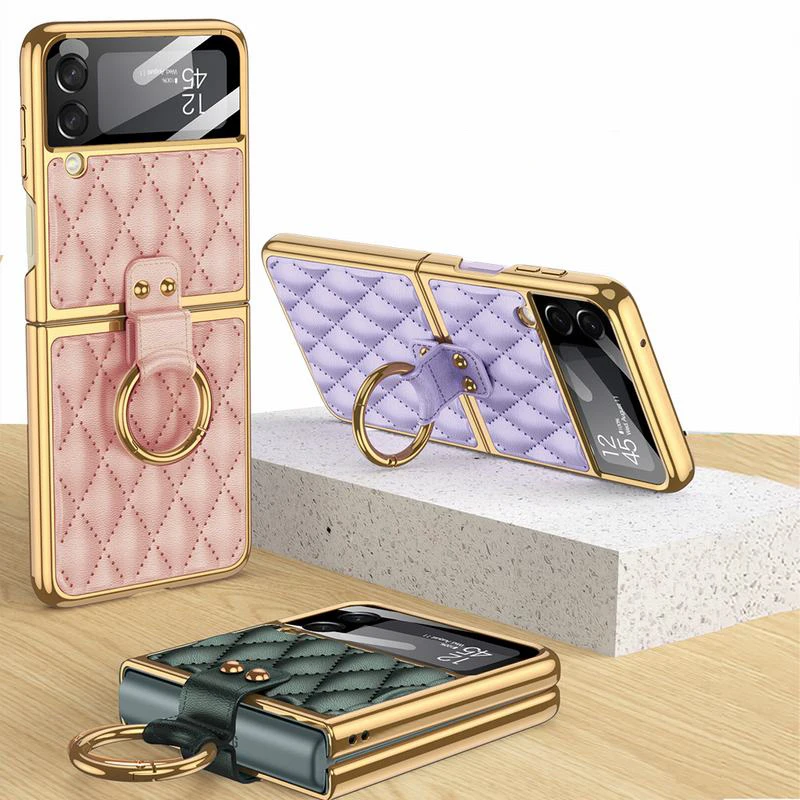 

Fashion Elegant Leather Case For Samsung Galaxy Z Flip 3 Cover Golden Edge Ring Diamond Lattice Design Phone Cases Z Flip3 5G