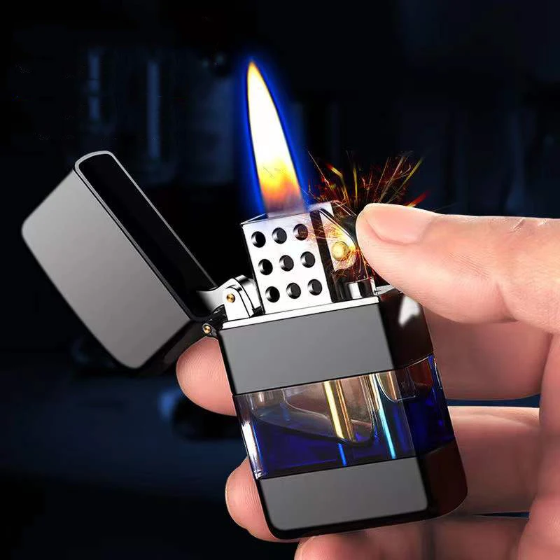

2022 New Windproof Metal Kerosene Lighter Transparent Fuel Tank Creative Retro Kerosene Lighter Men's Gift Smoking Accessories