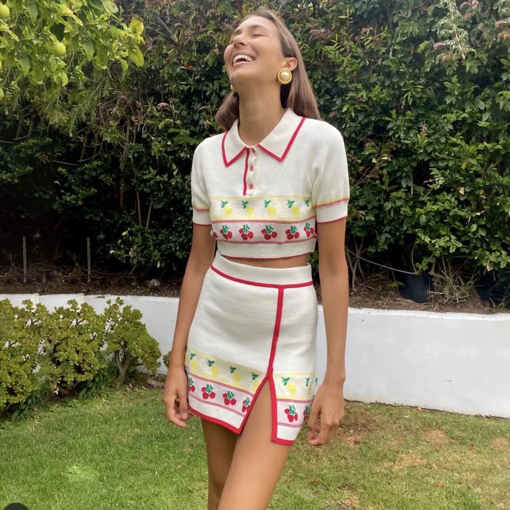 

Spring Women Lapel Collar Short Sleeve Top Mini Skirt Suit Female Vintage Streetwear Fashion Cherry Knitted 2 Pieces Dress Sets