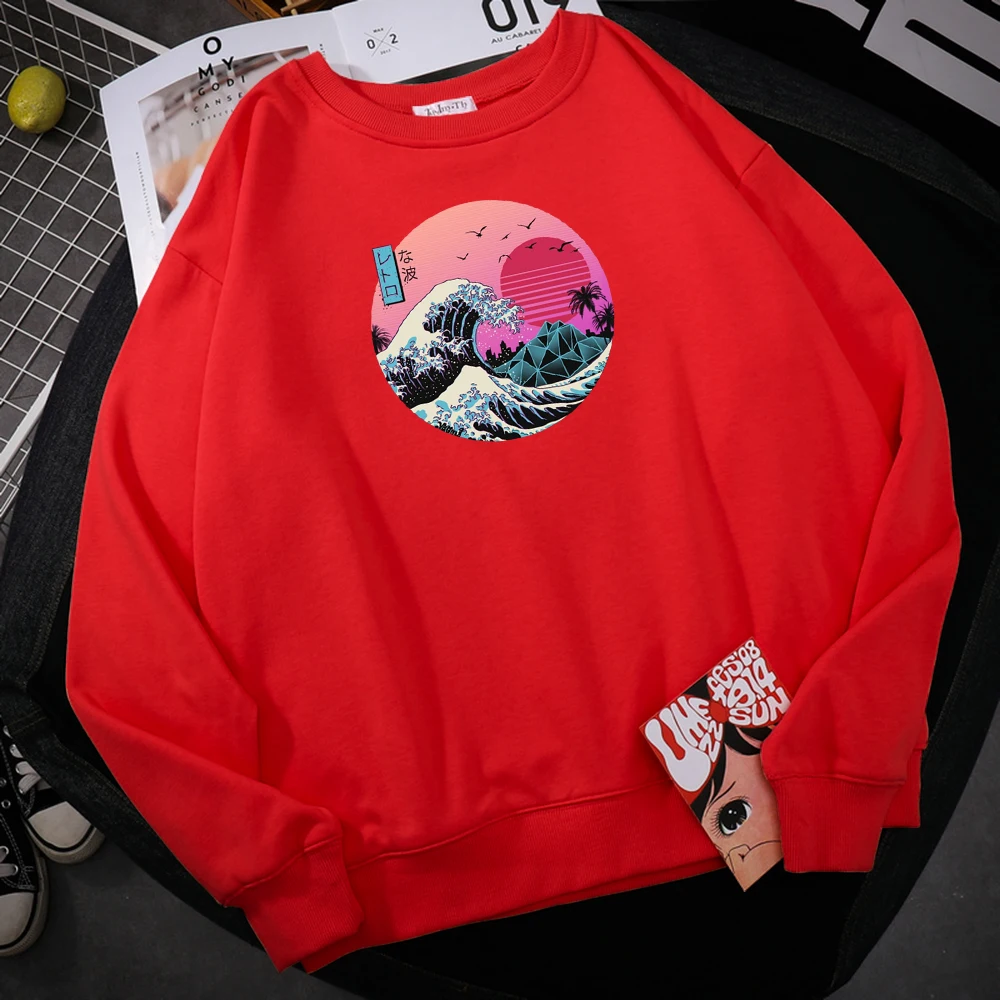 

Ukiyo E Style Big Wave Print Men Hooded Simple Fleece Autumn Hoodies Street Crewneck Hoodie Hipster Oversize Woman Pullover Tops