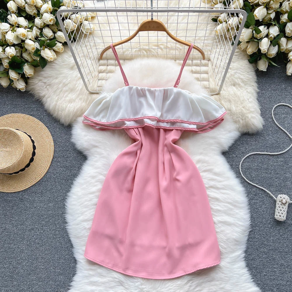 

Sling Pink Dress French Romantic Pink Girl Ruffle Cold Shoulder Thin Strap Dress Women Sexy Wrap Bodycon Spaghetti Strap Dress