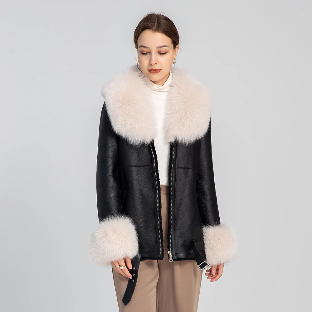 Women's Real Sheepskin Shearling Coat Genuine Lamb Fur Leather Coat Real Fox Collar Double Face Jacket Winter S3625
