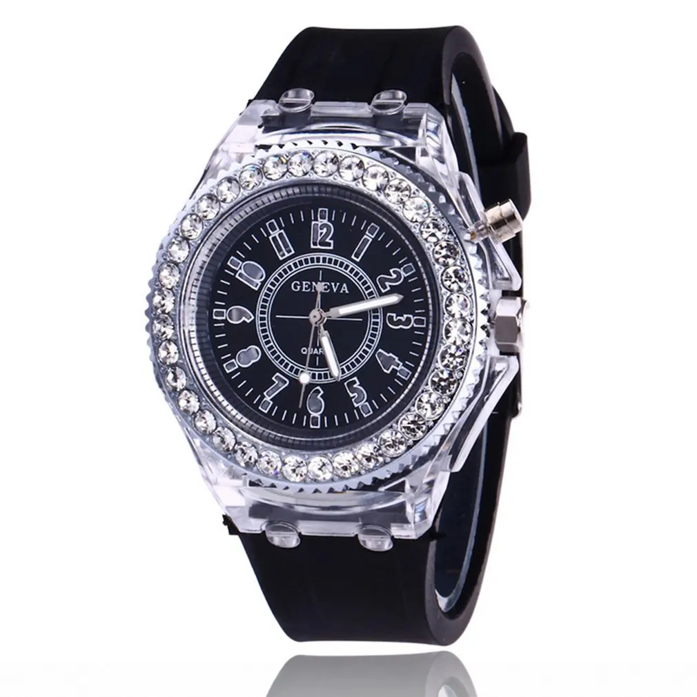 

Colorful Rhinestone Led Sport Watches Luminous Glowing Women Quartz Watch Ladies Silicone Wristwatches