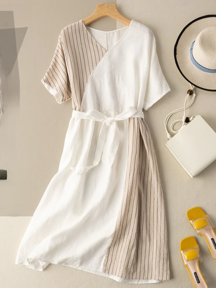 

2022 Summer New Fashion Loose Women's Dress Mid-length Pattern Stitching Lace Waist Slim Temperament Dress Office